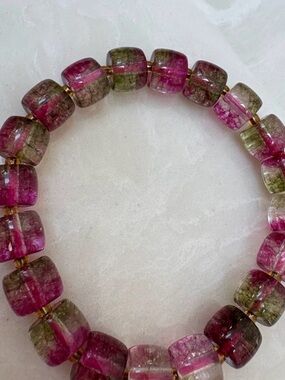 Pink & Green Glass Cube Stretch Bracelet that looks like tourmaline